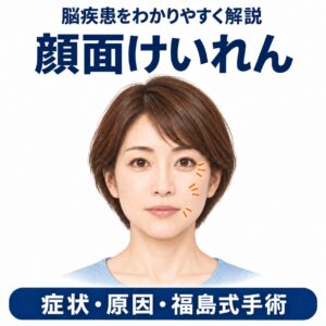 顔の片側の目元や口元のぴくつきを示す人物イラストと、顔面けいれんの見出し