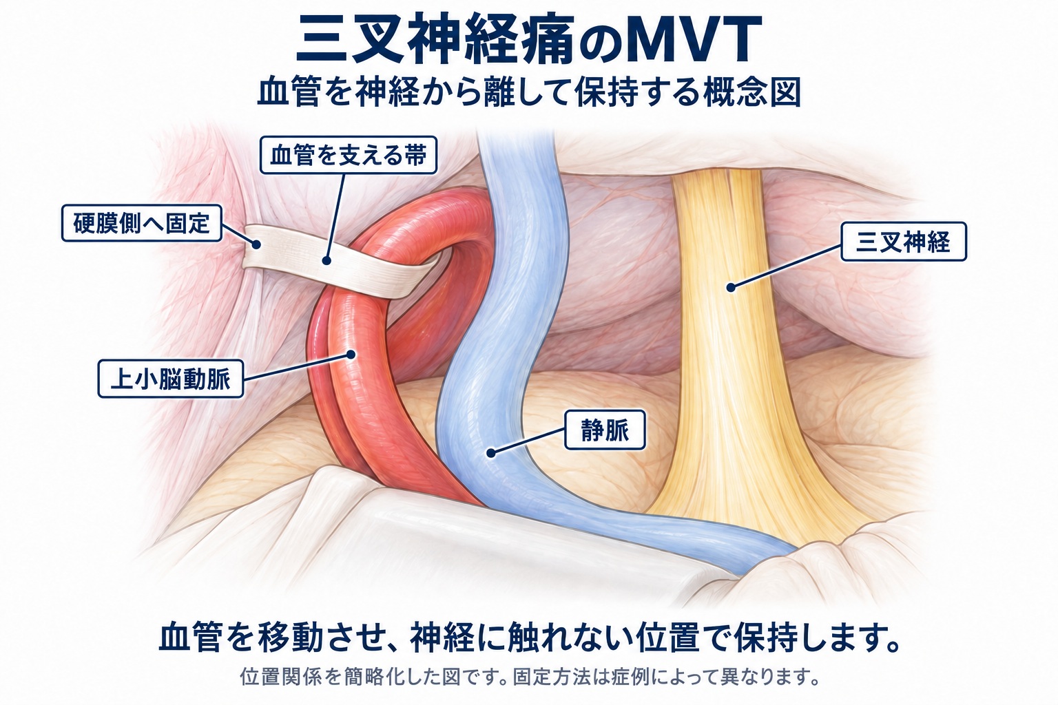 三叉神経から離した上小脳動脈を、帯で硬膜側へ保持するMVTの概念図。青色は周囲の静脈。